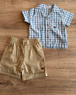 COMPLETO NEONATO CON CAMICIA QUADRETTI E BERMUDA BEIGE