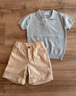 COMPLETO POLO TRAFORATA CELESTE E BERMUDA BEIGE