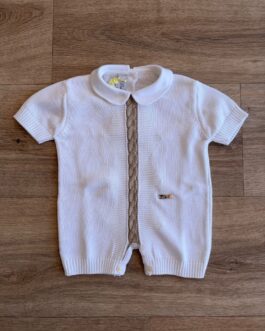 Pagliaccetto Neonato in Maglia di Cotone Bianco con Treccia Beige Centrale