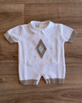 Pagliaccetto Neonato in Maglia di Cotone Bianco con Rombo Beige e Azzurro