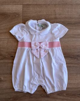 Pagliaccetto Neonata Elegante in Cotone Bianco con Fiocco Rosa