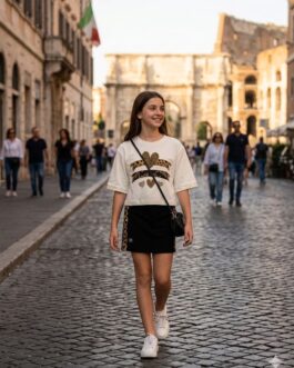 COMPLETO DUE PEZZI T-SHIRT OVERSIZE CUORI MACULATI E SHORTS ANIMALIER