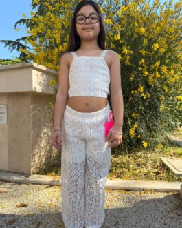 Completo Due Pezzi in Pizzo Macramè da Bambina – Crop Top e Pantalone a Palazzo Bianco